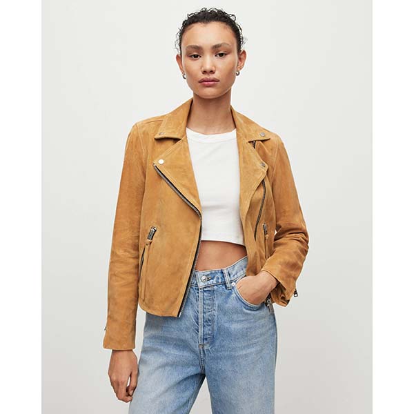 Allsaints Australia Womens Dalby Suede Biker Jacket Mustard Yellow AU48-674